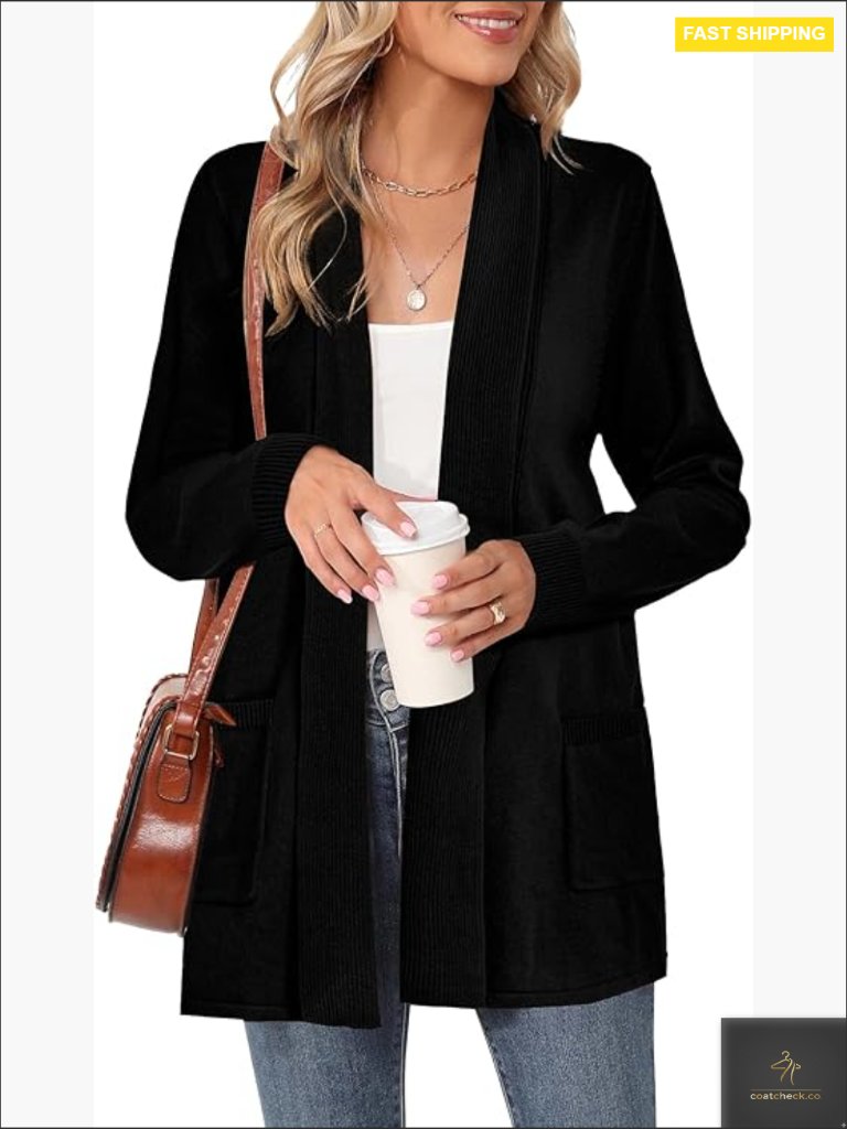 Classic Open Front Cardigan Long Sleeve Knit Sweater With Pockets